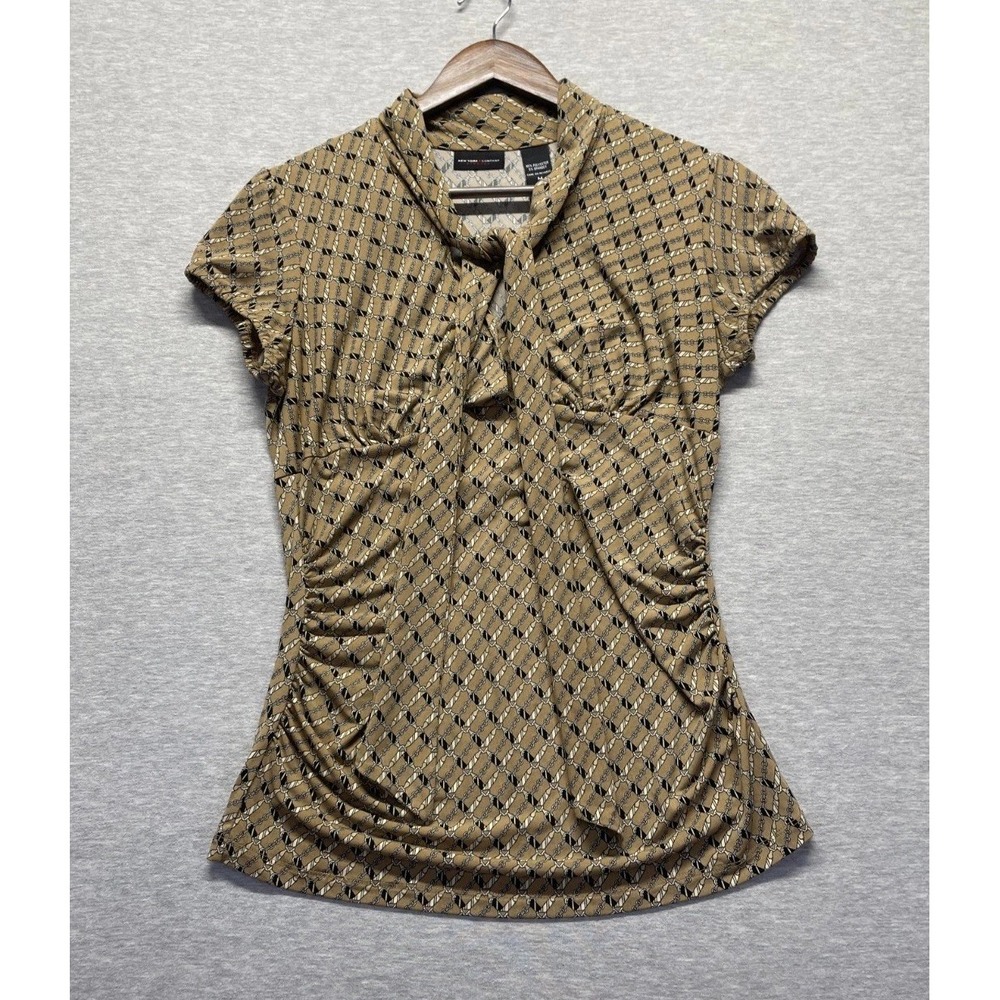 New York & Company Blouse Top Women M Tan Geometric Stretch Side Ruched Tie Neck